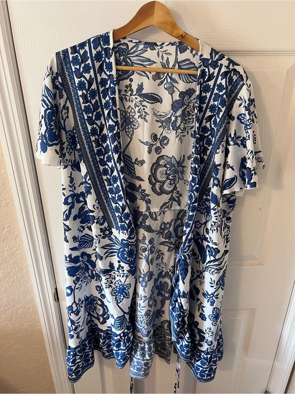 Boho Floral Print Short Sleeve Wrap V Neck Ruffle Hem A Line Dress Summer